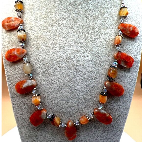 Carnelian Agate Gemstone Necklace With Beaded Accents & Metal Chain.  N13 - Picture 1 of 11